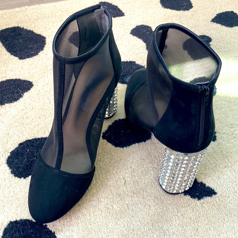 Nina New York black booties rhinestone heels and net